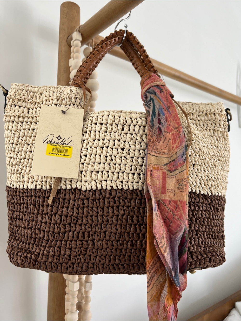 Patricia Nash Cream & Brown Crochet Tote with Printed Scarf